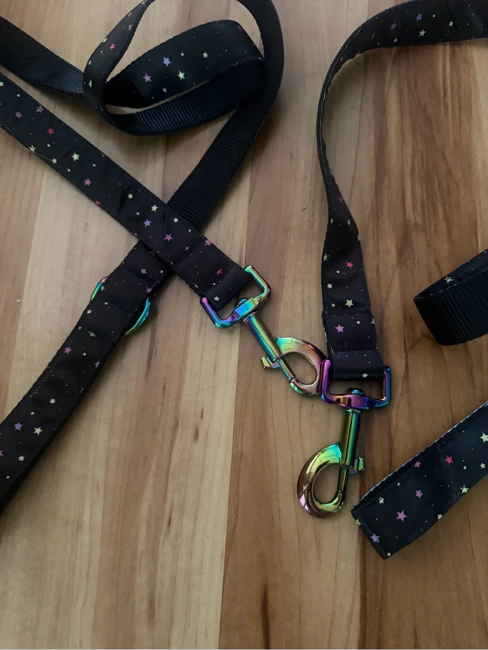 Black Star Print Dog Leash with Rainbow Metal Hardware - Picture 2 of 2